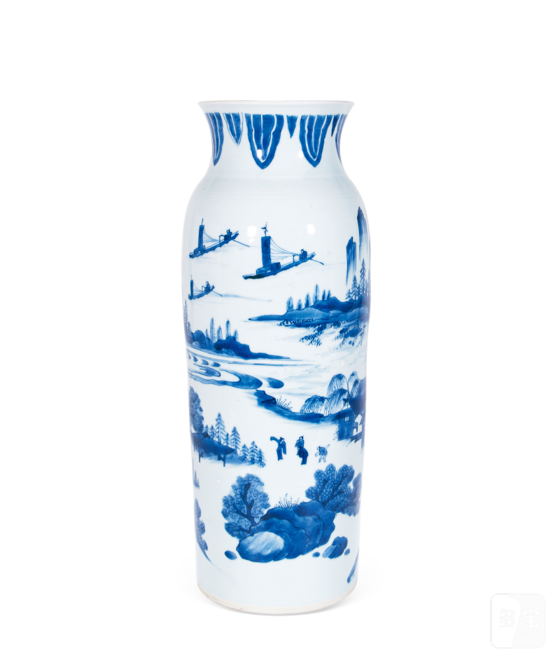 明崇祯 青花江西十景之“徐亭烟柳”图筒瓶